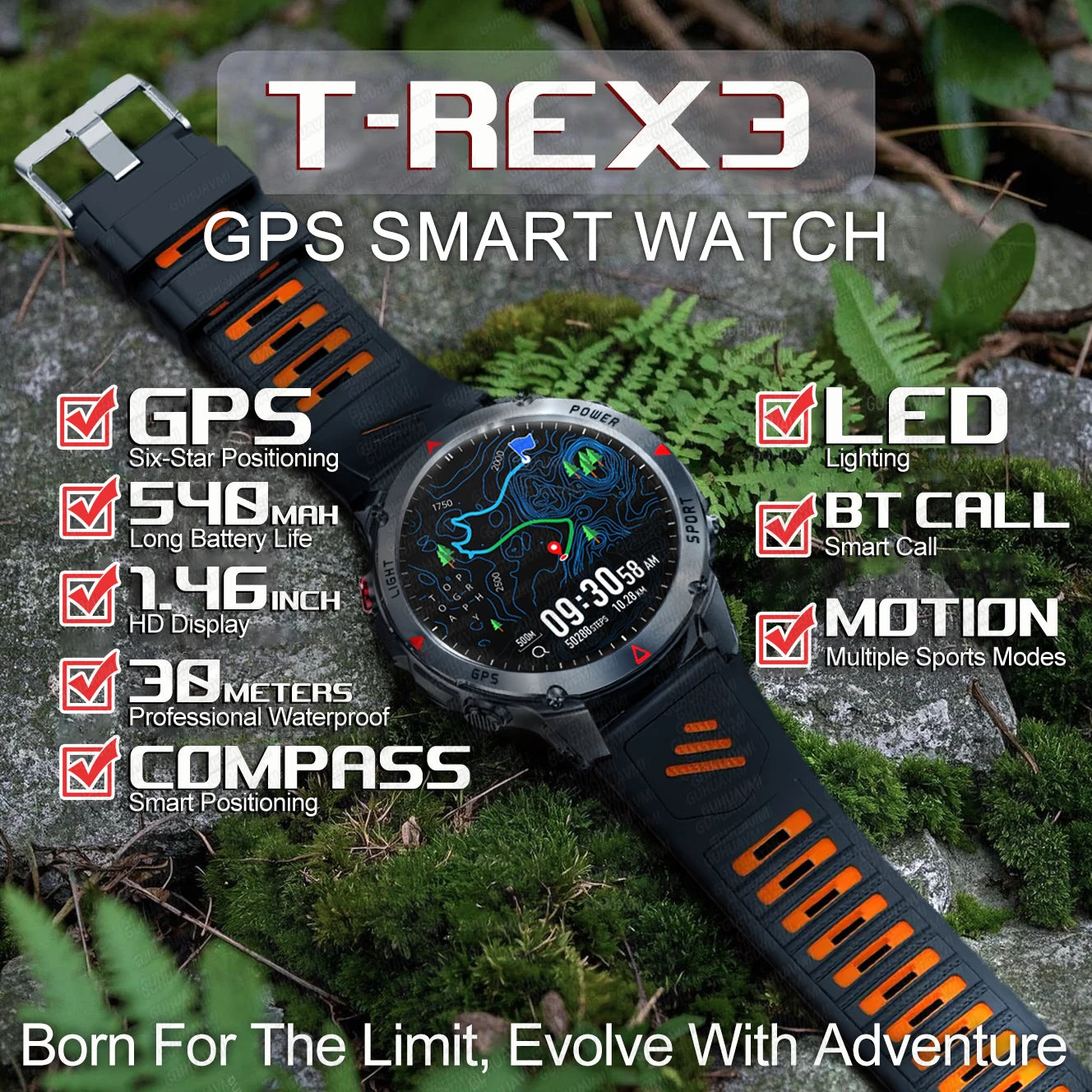 Military T-Rex 3 GPS Waterproof Smart Watch 1.4HD AMOLED Built-in 6