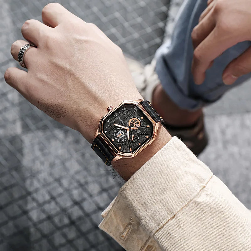 YIKAZE Alloy Men Quartz Watches Leather Strap