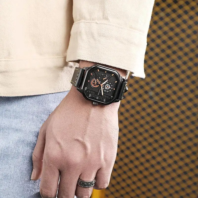 YIKAZE Alloy Men Quartz Watches Leather Strap