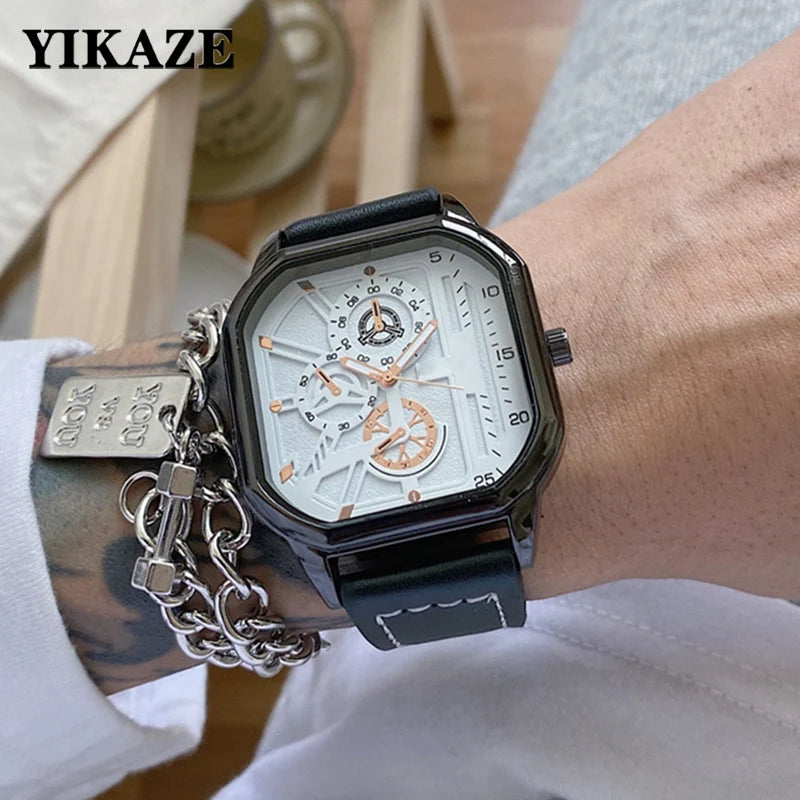 YIKAZE Alloy Men Quartz Watches Leather Strap