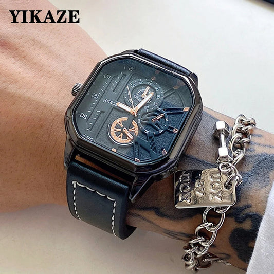 YIKAZE Alloy Men Quartz Watches Leather Strap